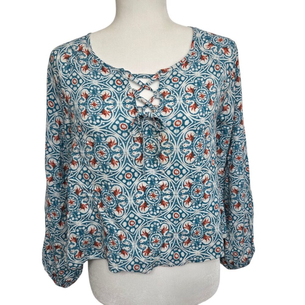 Hollister Lace Up Neckline Peasant Blue White Orange Summer Print Long Sleeve
